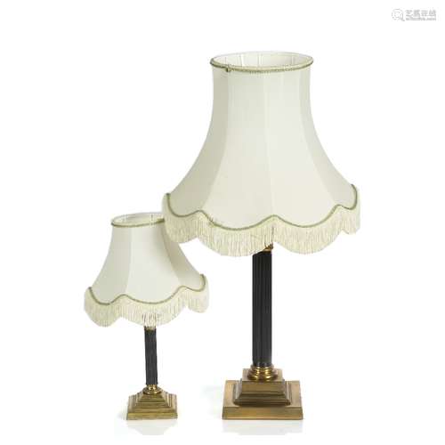 Brass and metal column table lamp 38cm and a smaller similar lamp, 19cm