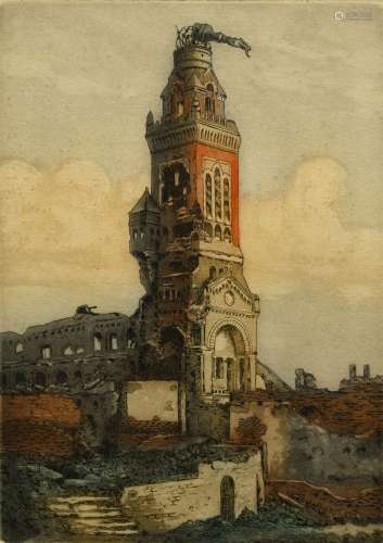 Paul Mansard coloured etching of Amiens Cathedral and after Manwell Anges 'Banlequed' and 'Albert