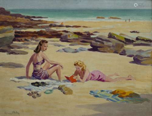 Harry Riley (1895-1966) St Ives beach, oil on card, signed, labels verso, 34.5cm x 47cm