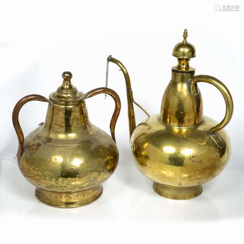 Two Dutch brass lidded pots 19th century, the largest with an elongated spout and a bulbous top, the