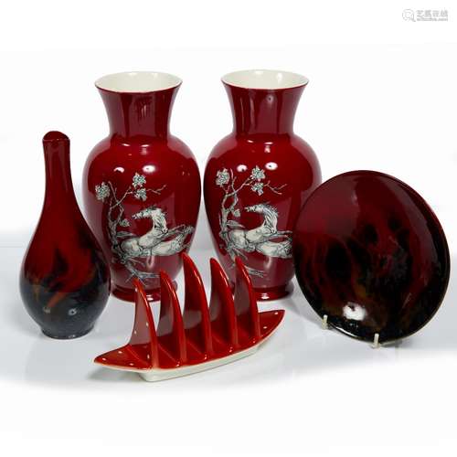 Pair of Crown Devon flambe vases with Pegasus horse design, together with two further pieces of