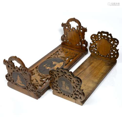 Two Sorrento ware bookstands each in olive wood, decorated in inlay, the largest depicting two