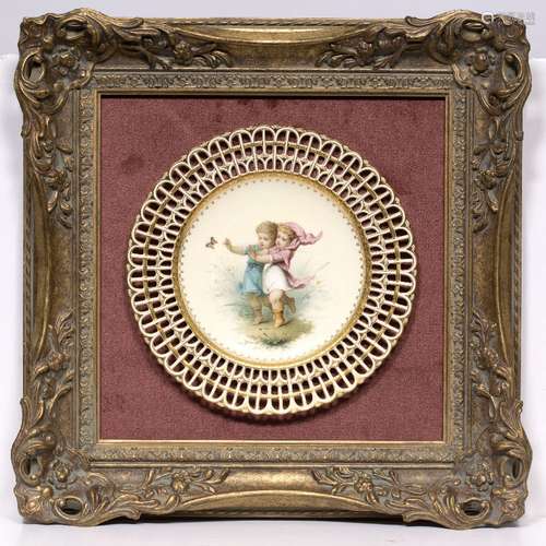 Two Minton plates signed A. Boullemier, both depicting two children, with backstamp for Phillips and