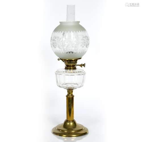 Brass and glass oil lamp Victorian, with cut glass reservoir, raised on a brass pillar, inscribed 