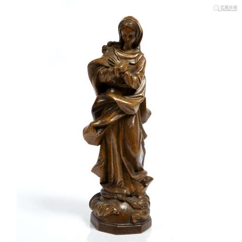 Stained pine carved model of Madonna Circa 1900, wearing flowing robes 38cm high