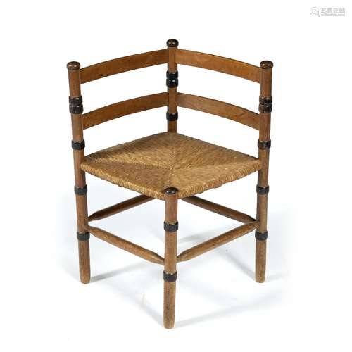 Arts & Crafts elm corner chair with rush seat, 60cm across, 71cm high