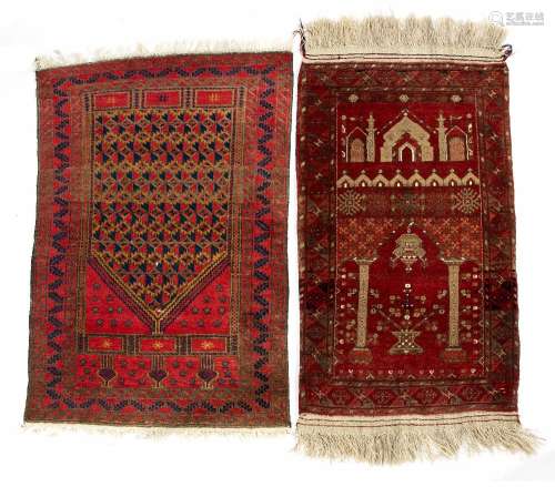 Afghan red ground prayer rug 124cm x 70cm approx. and one other red ground prayer rug, 122cm x
