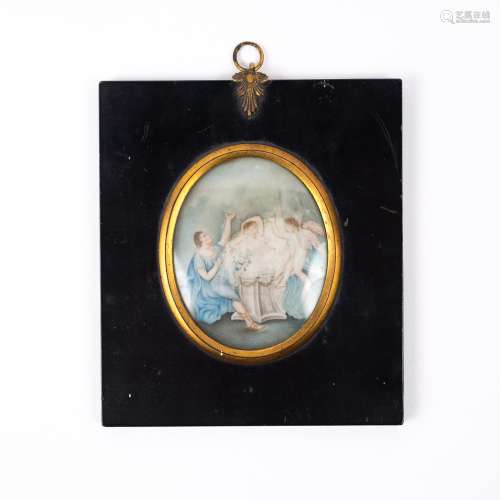 Oval miniature of The Three Graces on ivory in ebonised frame, 7.5cm x 6cm