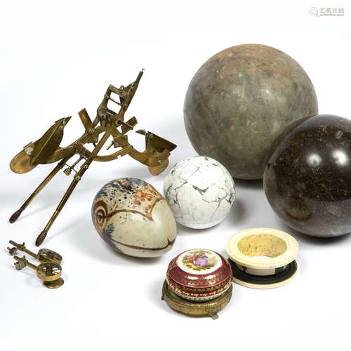 Three marble type heavy balls brass model plough and a few other pieces