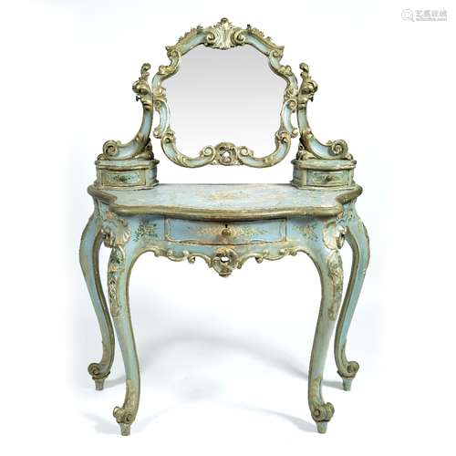 Venetian painted dressing table late 19th/20th Century, with carved mirror and fitted drawer,