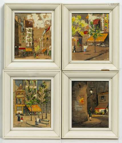 Dupont set of four small views of Paris, oil on board, signed, 14cm x 11cm