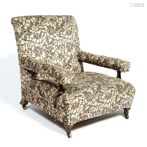 Upholstered armchair 19th Century, with original supports and castors, stamped to the back leg