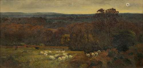 George Vicat Cole (1833-1893) landscape with shepherd and sheep, monogram to lower right, framed and