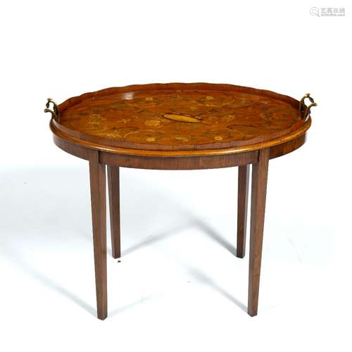 Oval satinwood inlaid tea tray on a stand Edwardian