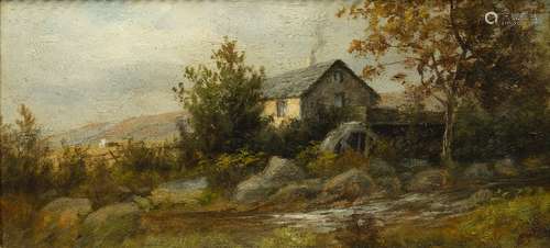 Landscape with water mill (19th Century) oil on board, indistinct monogram to lower right, framed