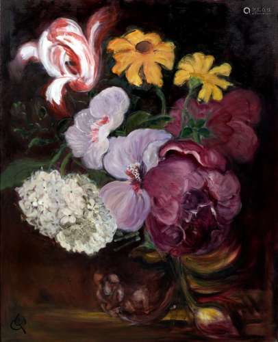 Michelle Carlton Smith large study of flowers, oil on canvas, signed with initials, in ebonised