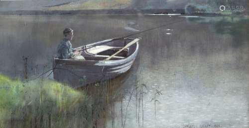 Carleton Grant (c1860-1930) young boy fishing from his rowing boat, pastels, signed and dated