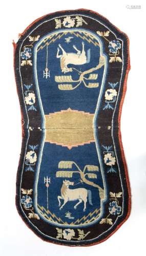 Chinese saddle rug of blue ground having auspicious symbols of two horses within a black banded