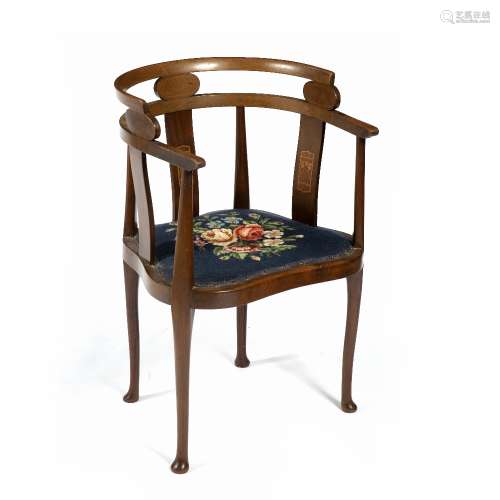 Mahogany and inlaid tub chair Art Nouveau style with tapestry seat, 50cm across x 83cm high