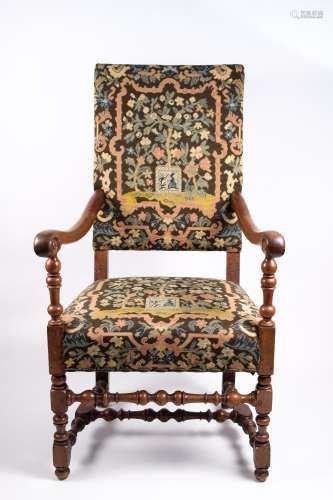 Oak and tapestry hall chair 19th Century, with turned supports, 63cm across x 120cm high