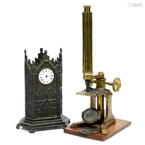 Gothic ink stand and watch in the form of a tower, 22cm and a brass microscope, 34cm (2)