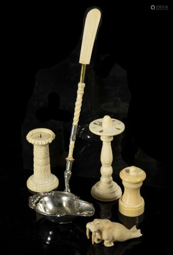 Continental ivory and plated ladle and four ivory pieces including a thermometer, walrus and