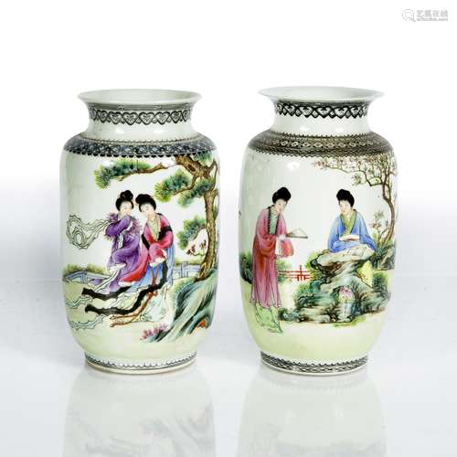 Two Chinese polychrome vases Republic, painted with figures in a garden, 20cm