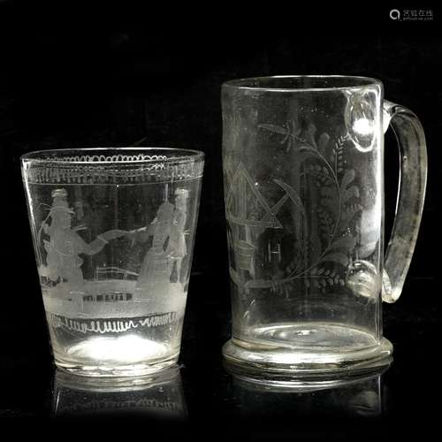 Glass tankard 19th Century, engraved with Masonic emblems, 17cm and a Dutch tapering glass beaker,