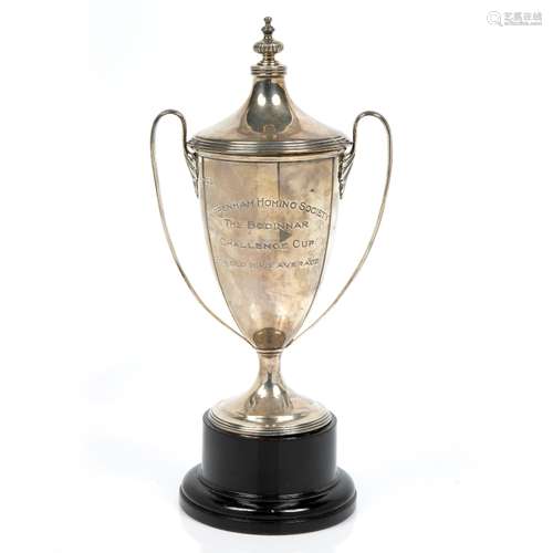 Silver two handled lidded trophy given for the Chippenham Homing Society Challenge Cup, London 1921,