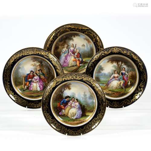 Set of four Austrian cabinet bowls each painted with fete galante scenes, 23.5cm