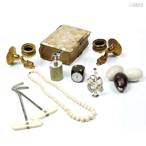 Group of pieces to include sconces, ivory necklace circa 1900, white metal brooch, shagreen lighter,