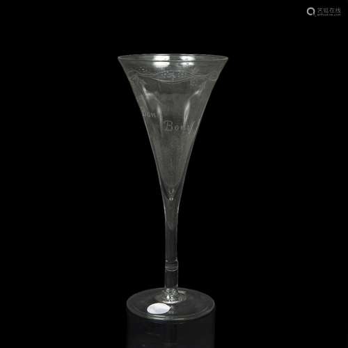 Tapering wine glass etched Omnia Bona Bonif! ex Woolley and Wallis Lot 10 21 October, 18cm