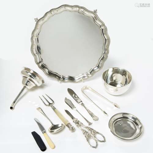 Silver plated tray a silver bowl and dish, 131 grams, a plated funnel, other small flatware etc