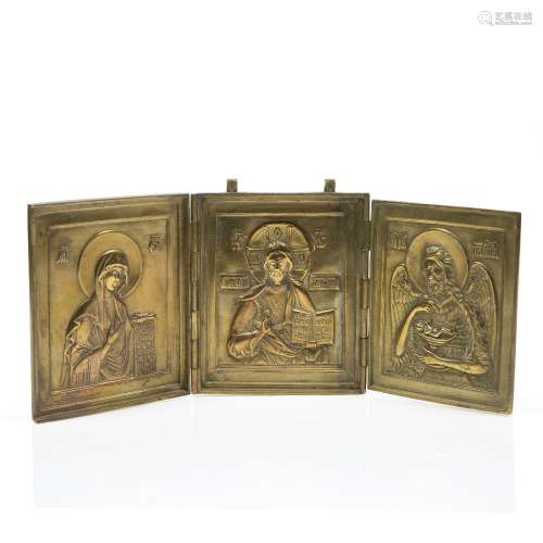 Russian brass triptych 18th/19th Century, outer front engraved with a cross and town view, opening