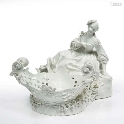 Meissen Marcolini white glaze porcelain basket 19th Century, the recumbent maiden seated next to the