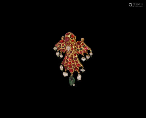Indian Gold Parrot Pendant with Rubies and Pearls