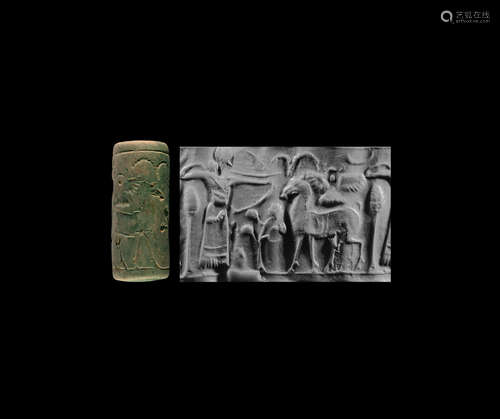 Western Asiatic Green Stone Cylinder Seal with Hunting Archer