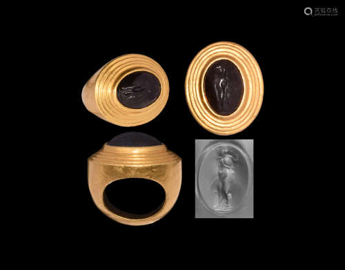 Greek Hellenistic Gold Ring with Nude Hero Gemstone