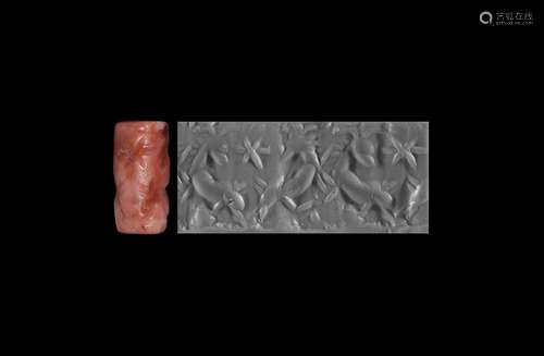 Western Asiatic Pink Quartz Cylinder Seal with Quadrupeds