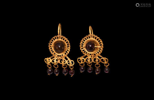 Roman Gold Earring Pair with Garnet Drops