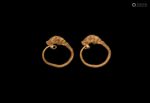 Greek Gold Bull's Head Earring Pair
