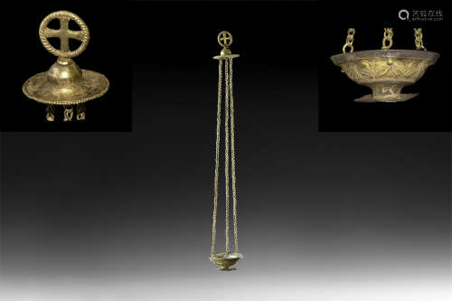 Byzantine Gilt Silver Censer with Cross and Chains