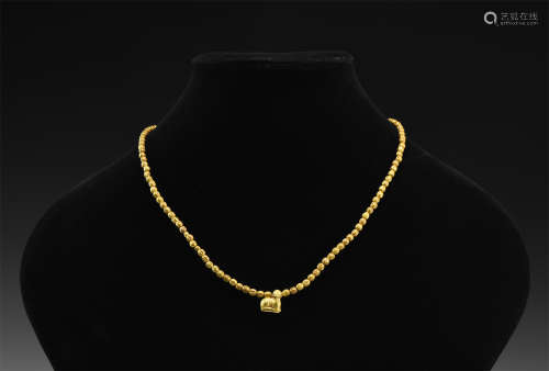 Greek Gold Bead and Ram Pendant Necklace