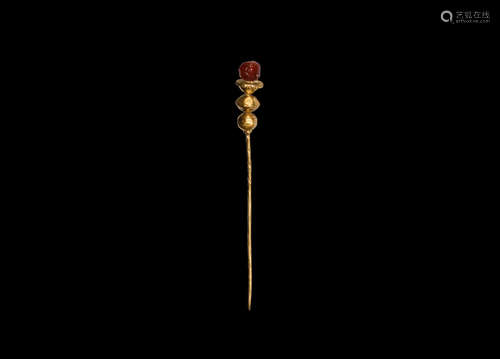 Roman Gold Pin with Carnelian Finial