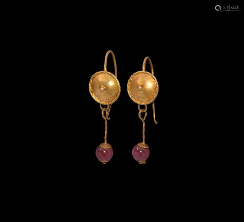 Roman Gold Earring Pair with Garnet Drops