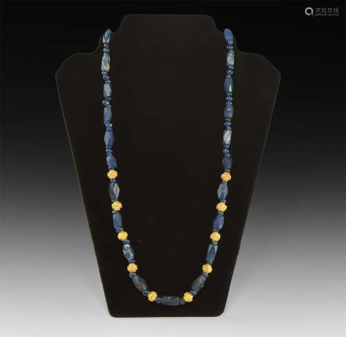 Roman Blue Glass Bead Necklace with Gold Spacers