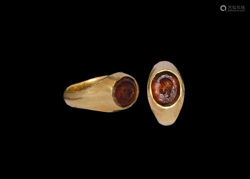 Roman Gold Ring with Portrait Intaglio Gemstone