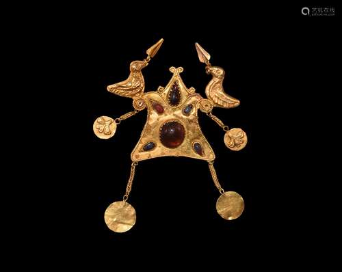 Eastern Greek Gold Jewelled Plaque with Birds and Pendants