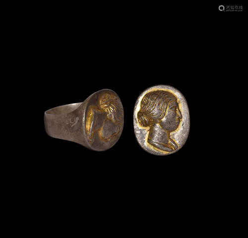 Roman Silver Gilt Ring with Female Bust