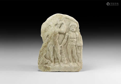 Roman Marble Stele with Bacchus and Hercules